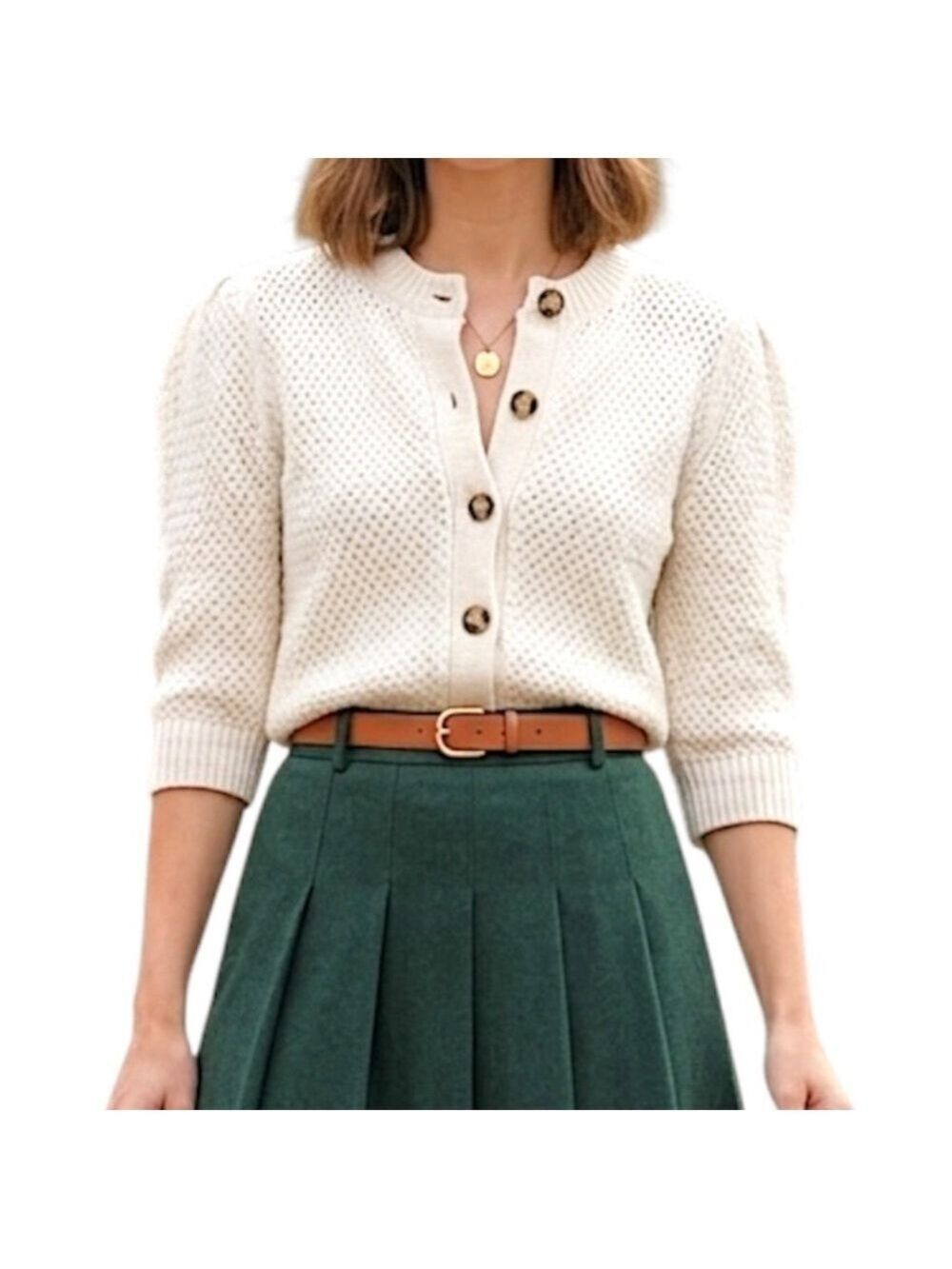 Zara wool blend ivory white puff sleeve basketweave cropped cardigan sweater S